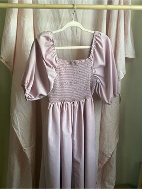 Puff Sleeve Smocked Midi Dress in Soft Lilac
